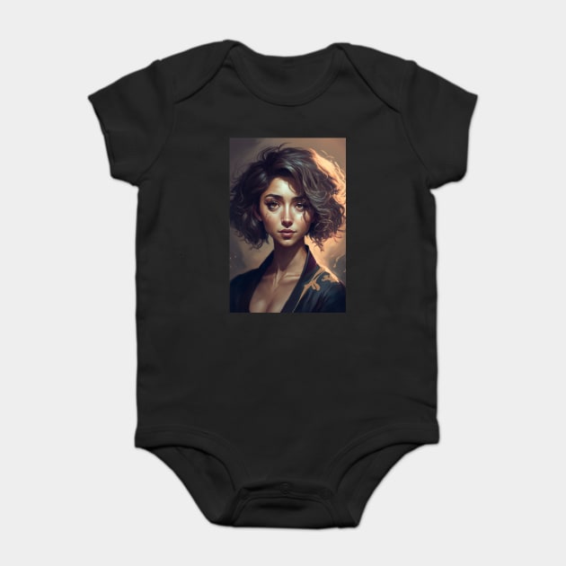 Golden Waves: A Portrait of a Beautiful Girl with Short Wavy Hair Baby Bodysuit by Darksavage